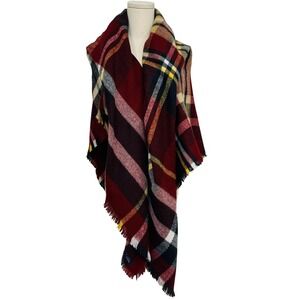 Bujibaja Plaid Blanket Scarf Red Black White Yellow Fringe Wrap Shawl